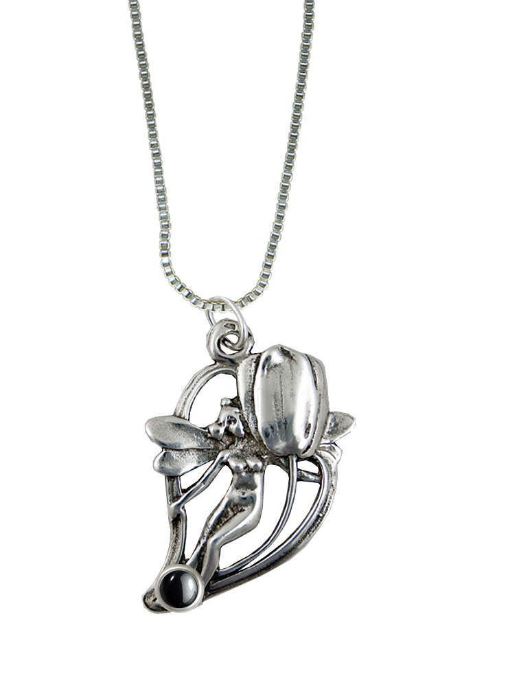 Sterling Silver Shy Flower Fairy Pendant With Hematite